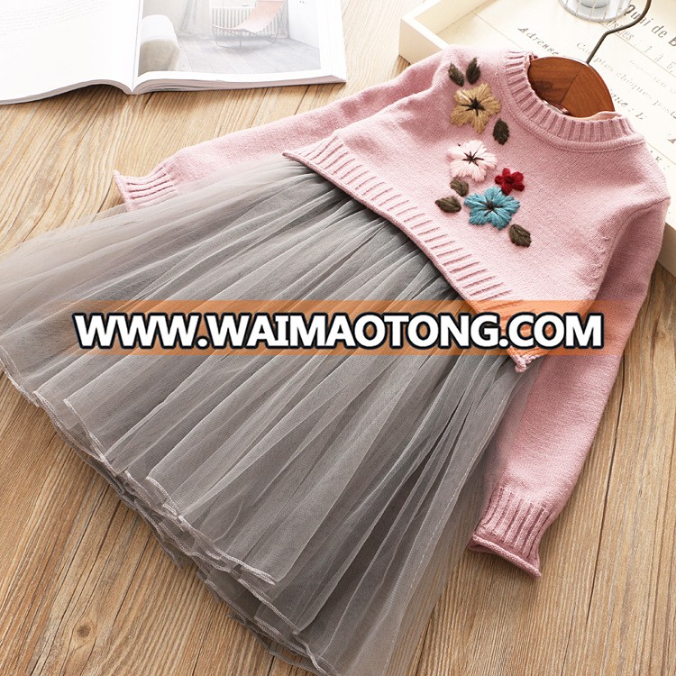 B23420A 2018 new fashion little girls clothing set sweater Gauze dress sets